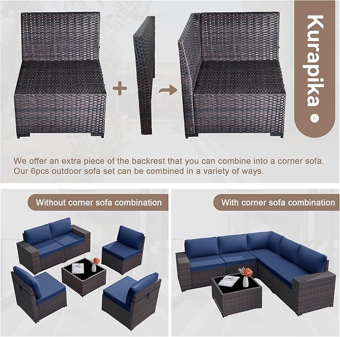 Kurapika 9 Pieces Patio Furniture Set, Rattan Wicker Sofa Set, Outdoor Conversation Sets w/Swivel Rocking Chairs Patio Sectional Sofa w/4in Cushion, Navy Blue