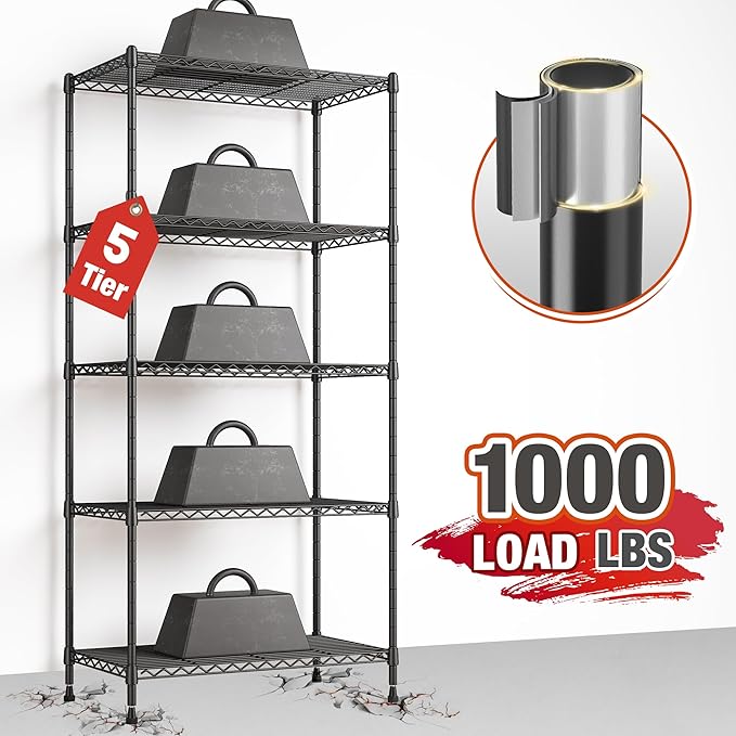 REIBII 1000LBS Wire Shelving Unit, 5 Tier Adjustable Metal Storage Shelves for Kitchen Pantry Office Steel Organizer Wire Rack for Narrow Space College Dorm School, 13.4" D x 23.2" W x 60" H, Black