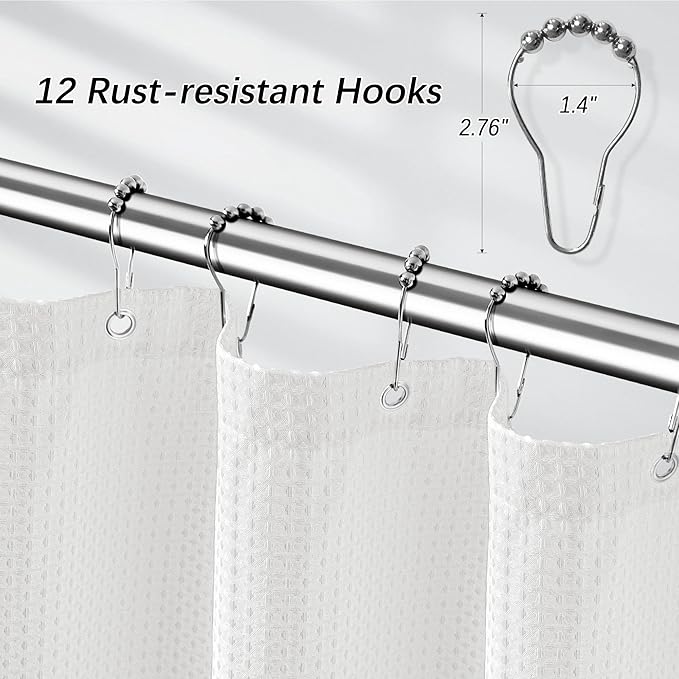 Waterproof Fabric Shower Curtain, Extra Long White Waffle Simple Neutral Weighted Shower Curtains for Bathroom, 256GSM Modern Ivory Thick with 12 Hooks, 72Wx96H