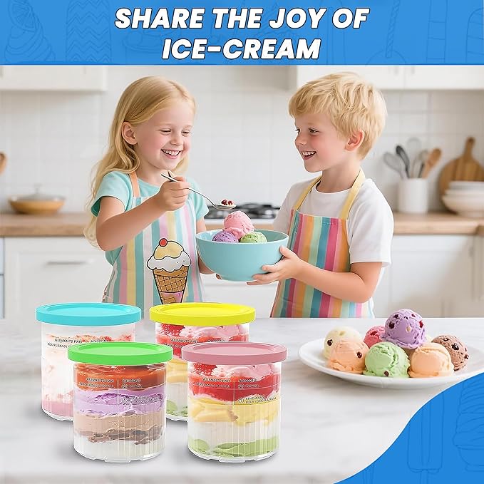 4 Pack Ninja Creami Containers and Lids for, 16oz Creami Containers Compatible with NC299, NC300, NC301 Series Ninja Ice Cream Maker new, Replacement Cups Jars with Colorful Spoons & Scoop, BPA Free