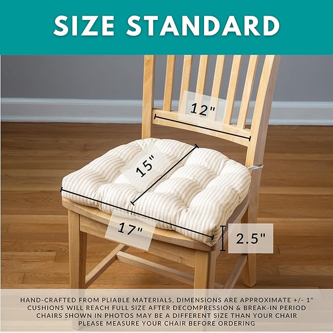 Barnett Home Decor Dining Chair Cushions with Ties – Small 15 x 17 - Latex Foam, 100% Cotton, Machine Washable Chair Pads for Kitchen Chairs, Made in USA (Farmhouse Check Red & Tan/Pack of 2)