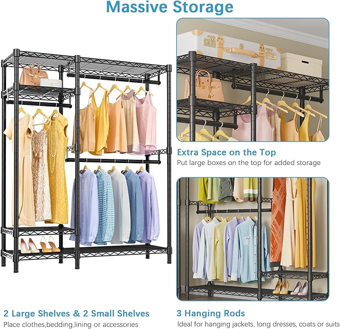 VIPEK V2 Clothes Rack for Hanging Clothes, Heavy Duty Closet Rack with 4 Tiers Wire Shelving & 3 Hanging Rods, Free Standing Closet Wardrobe, 45" Lx16.5 Wx76.4 H, Max Load 700LBS, Black
