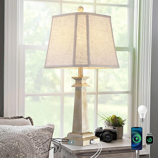 27.5" Table Lamp for Bedroom, 3-Way Dimmable Touch Lamp for Nightstand, Farmhouse Table Lamp for Living Room with USB A+C Charging Ports, Bulb Included (Antique White)
