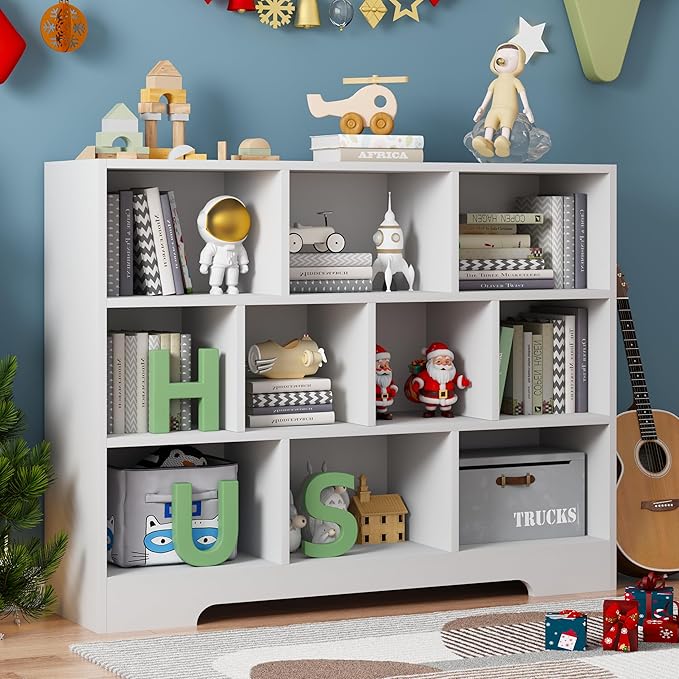 Book Shelf for Kids, 10 Cubes Storage Organizer Montessori Bookshelf, 3-Tier Wooden Kids Bookcase, Toy Storage Organizer for Children, white Toddler Bookshelf Cube Shelf for Kid’s Room, Classroom