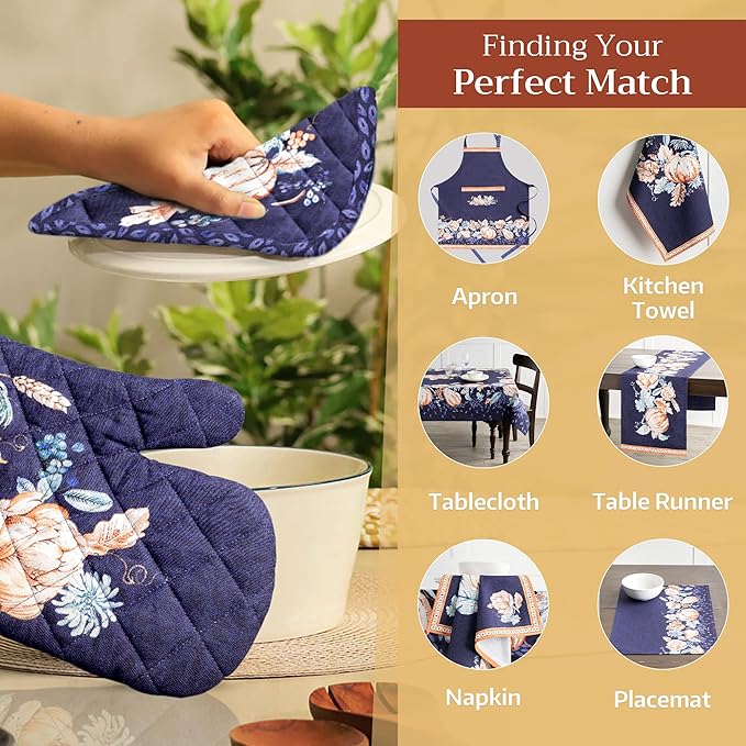 Maison d' Hermine 100% Cotton Oven Mitt & Pot Holder Set (7.5"x13" & 8"x8") Heat Resistant BBQ Cooking Gloves with Loop for Thanksgiving Christmas Decorations Handling Hot Pans (Pumpkin Blues)