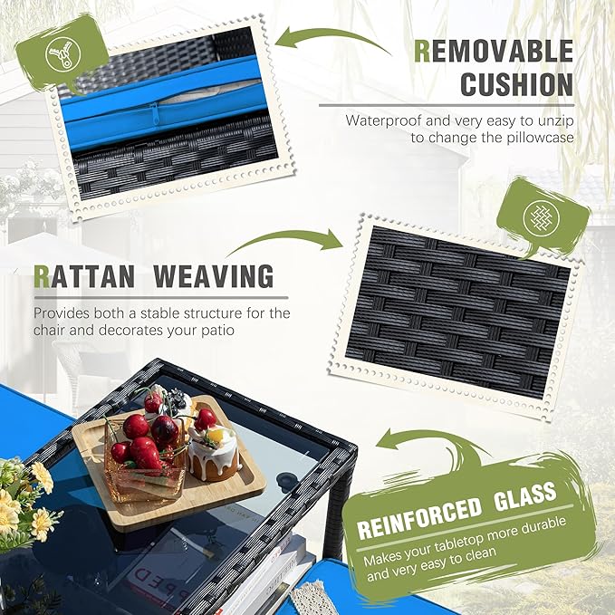 Greesum Patio Loveseat Outdoor Wicker Furniture Conversation Set with Soft Cushions & Built-in Coffee Table for Lawn Garden Backyard, Blue