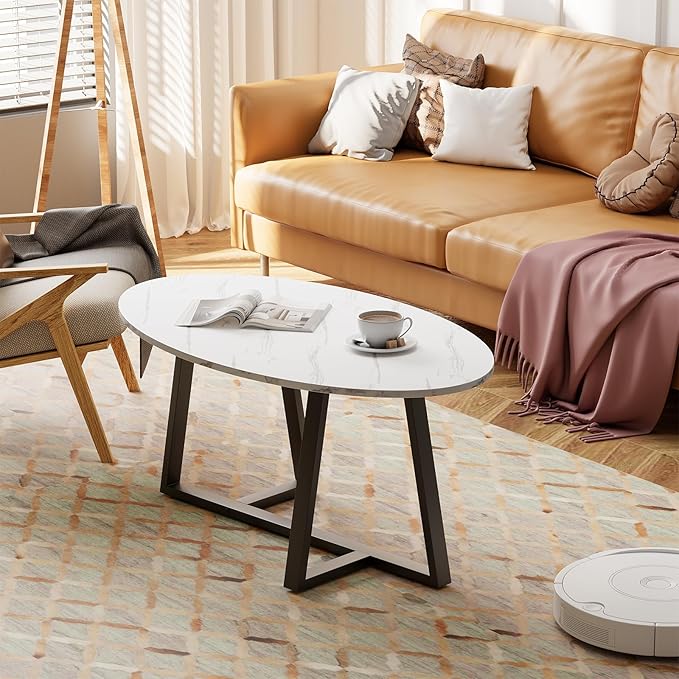 Coffee Table Small Oval Table,White Faux Marble Table for Living Room, Modern Center Tea Tables for Small Space,Wooden Tables End Tables with Sturdy Black Metal Leg