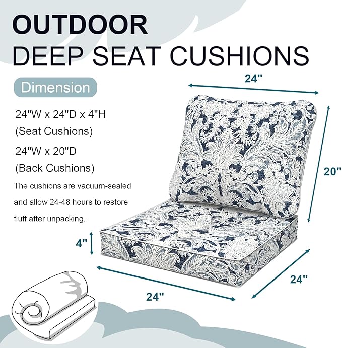 Outdoor Deep Seat Cushions Set 24 x 24 Inch for Patio Furniture,Water Resistant Chair Cushions Replacement Includes Seat Cushion & Back Pillow for Couch Sofa, Wicker Chair - Damask Lapis