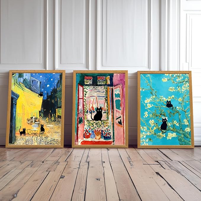 FASWQ Whimsical Black Cat Wall Art, Van Gogh Matisse Picasso Wall Decor, Funny Bathroom Canvas Paintings, Cute Animal Aesthetic Pictures for Living Room Kids' Room Wood Framed Ready to Hang 16"x24"x3