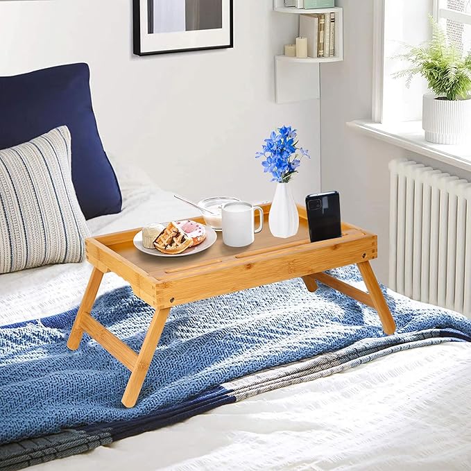 Bed Tray Table with Foldable Legs, Breakfast Food Trays for Eating on Couch with Media Slot for Bed, Eating, TV Tray, Kitchen Serving Tray(Bamboo, Medium)
