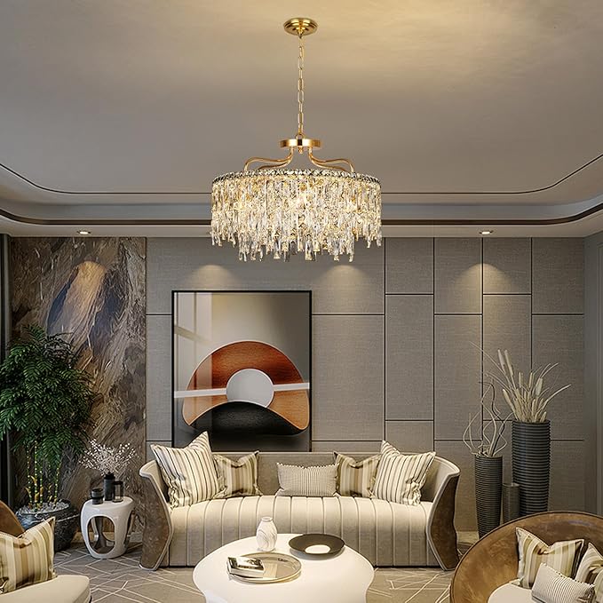 Gold Crystal Chandeliers for Dining Room Light Fixture, 24" Modern Round Chandeliers，8 Lights Luxury Ceiling Pendant Ceiling Lighting for Dining Room Bedroom Entryway Foyer Staircase