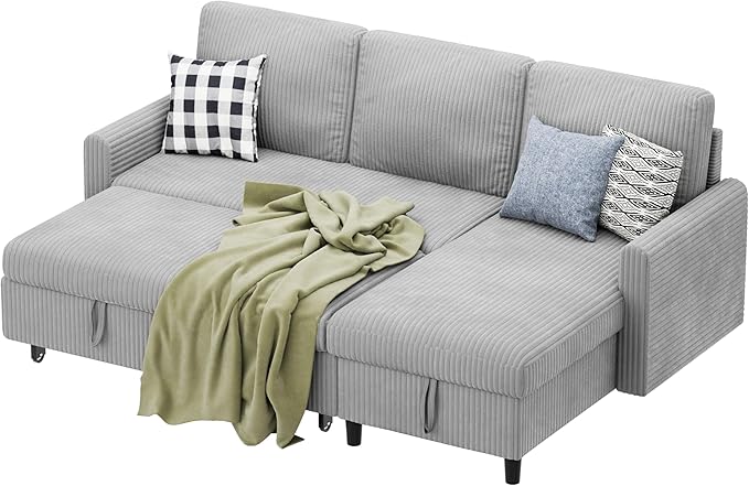 Sofa Bed Sleeper Pull Out 2 in 1 Sectional Sleeper Sofa Couches with Storage, Pullout Sectional Couches for Apartment Living Room,Light Grey