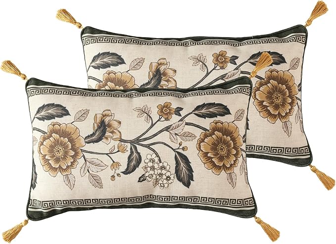 Design Linen Chinoiserie Rectangle Throw Pillow Covers 12"x20" Pack of 2, Farmhouse Cushion Covers with Yellow Floral Birds Pattern Decoration Pillowcases for Bed,Living Room,Outdoor,Car