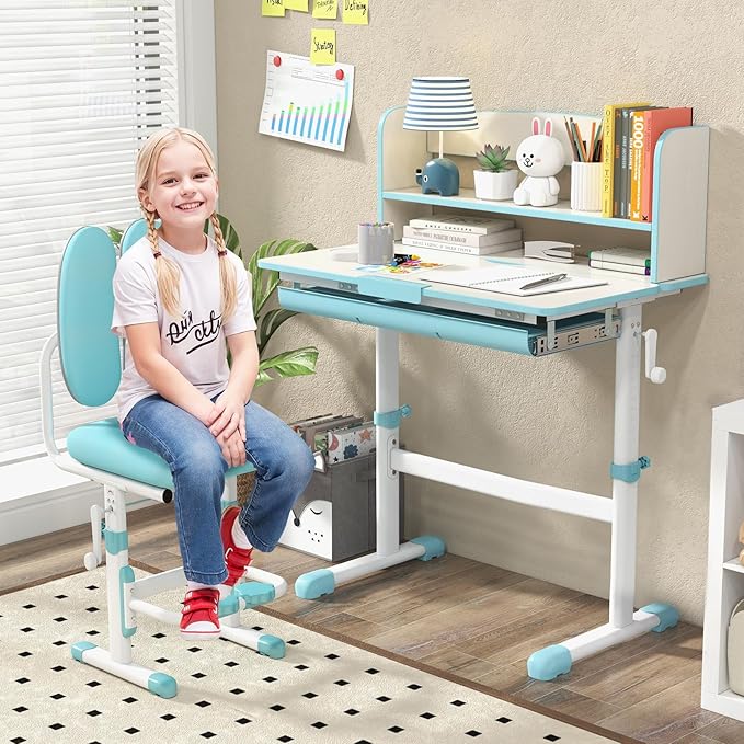 Costzon Kids Desk, Height Adjustable Children Study Desk with Tilt Desktop, Storage Drawer, Hutch, Scale Ruler, Student Writing Table School Desk for Boys Girls Bedroom, Desk for Kids (Blue)