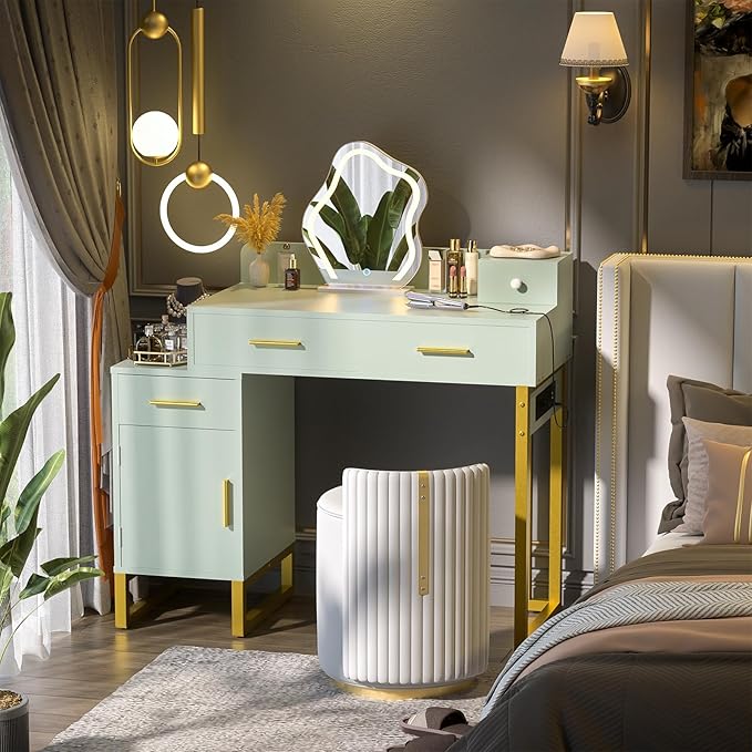 Vanity Desk with 4 Storage Drawers - Modern Makeup Vanity Table with Charging Station, Cyan Vanity Desk with Reversible Cabinet Dressing Table Set with Divided Organizers for Women Girls, Cyan & Gold