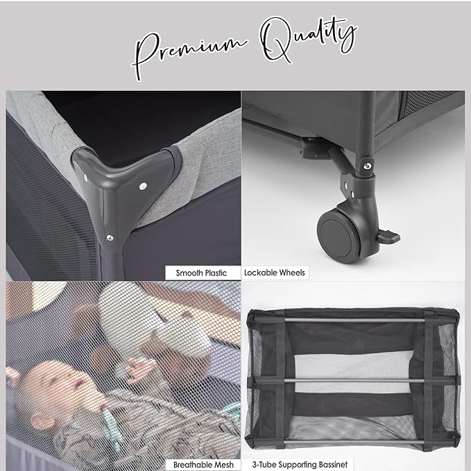 Baby Bedside Bassinet Sleeper,5-in-1 Pack and Play with Full-Size Bassinet,Baby Playard with Changing Table,Storage Shelf,Music Mobile with Soft Toys for Newborn to Toddlers (Grey)