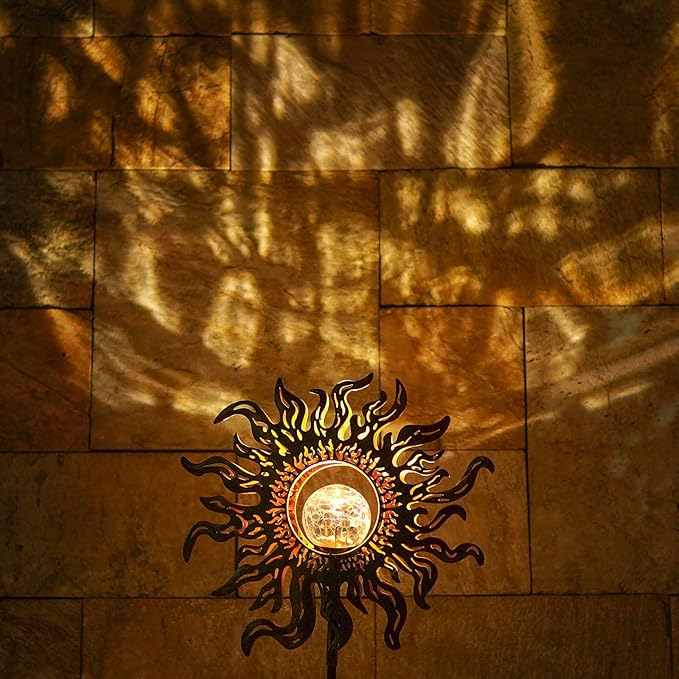 Solar Lights Outdoor Garden Decor Solar Powered Sun Lantern for Yard, Patio,Lawn or Pathway Sun Decorations Crackle Glass Globe Stake Metal Lights Waterproof Warm LED Garden Pathway