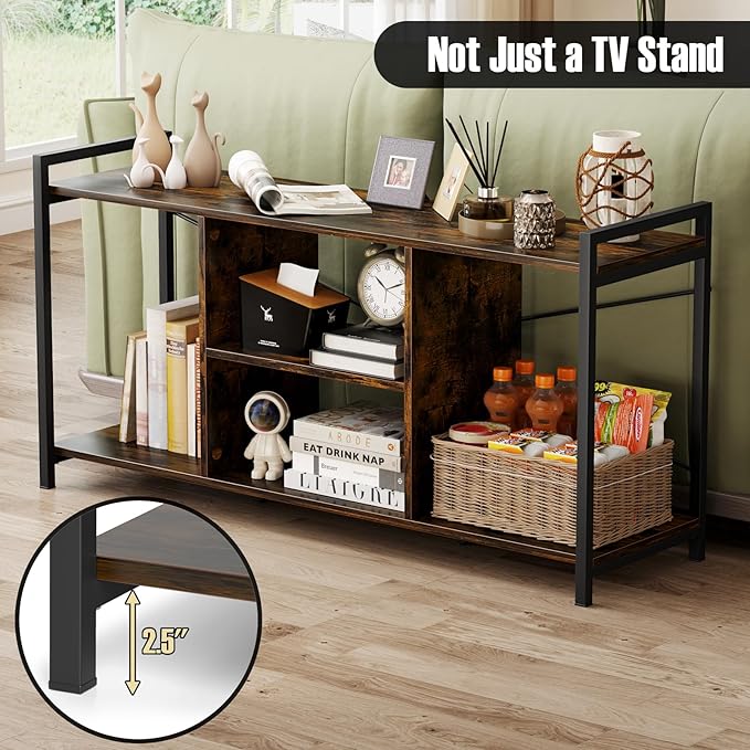 Tangkula Industrial TV Stand for 55” TVs, Entertainment Center with 4 Open Shelves, 3-Tier Media Console Table with Heavy-Duty Metal Frame & Side Guardrails for Living Room (Rustic Brown, 47" L)