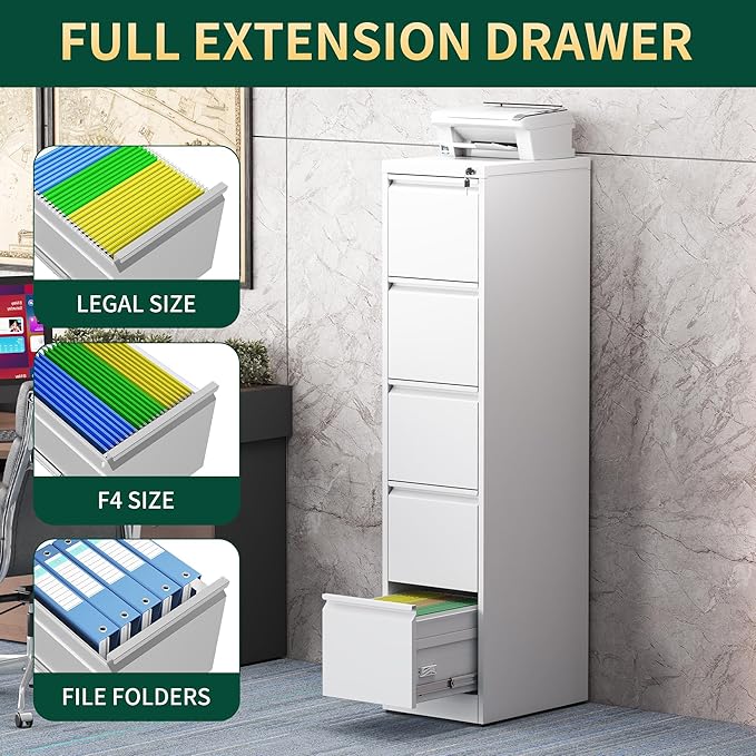 5 Drawer File Cabinet with Lock, Steel Vertical Filing Storage Cabinet for Home Office, Heavy-Duty File Cabinets for Letters/Legal/A4 (Require Assembly, White)