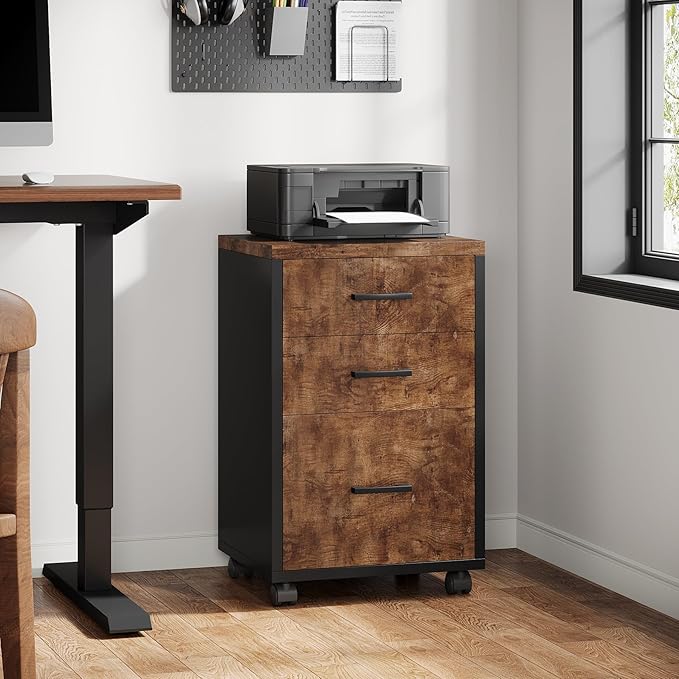 Triebsigns 3 Drawer File Cabinet, Wooden Office Filing Cabinet, Modern Rolling Printer Stand for Home Office, fits A4 or Letter Size, Under Desk (Brown)