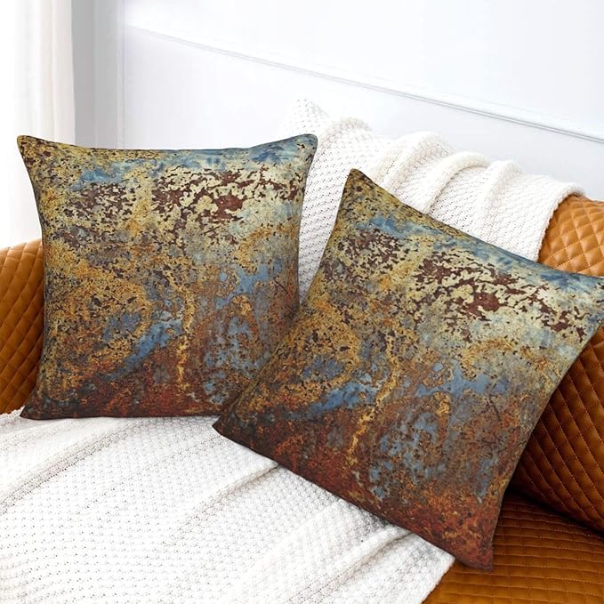 Metallic Bronze Brown Gold Orange Teal Rustic Throw Pillow Covers Set of 2 Rusty Copper Pillowcases Cushion Case Square for Soft Home Decor Bed Couch Car Living Room 18x18 Inch