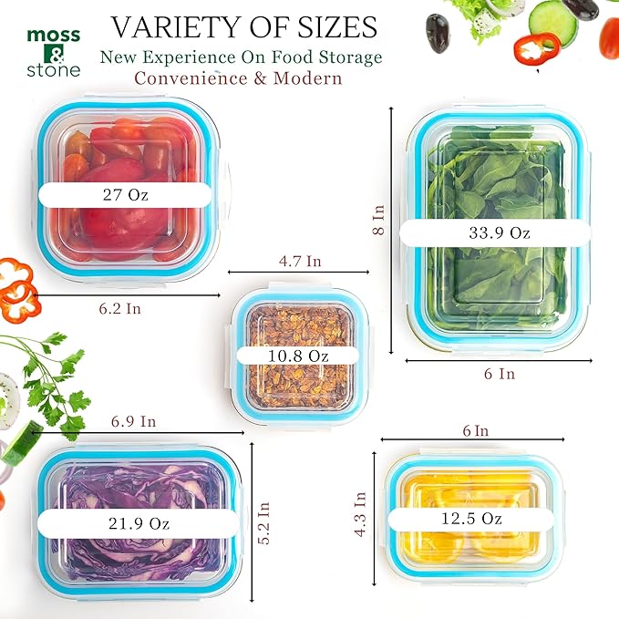 Moss & Stone 10-Piece Kitchen Glass Food Storage Containers Set with Lids, Clear Leak-Proof, BPA-Free Airtight Meal Prep Glass Containers – Oven, Freezer, Microwave & Dishwasher Safe