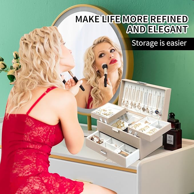 Dajasan Jewelry Box Organizer, Jewelry Boxes for Women Girls, 3 Layers Jewelry Gift Box for Christmas, Valentine's Day, Birthday, Mother's Day (Champagne)