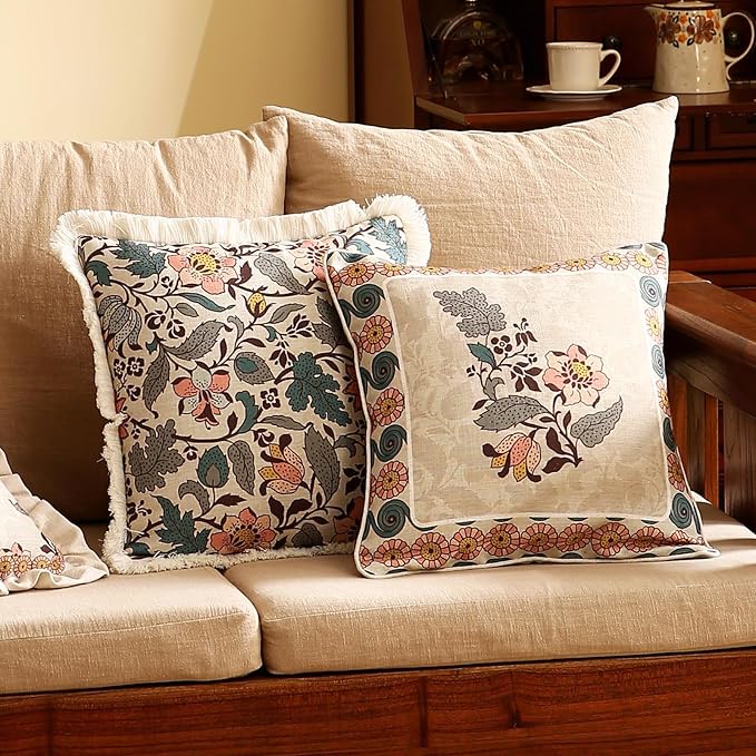 Design Square Linen Vintage Throw Pillow Covers 18"x18" Pack of 2, Gray Green Farmhouse Cushion Covers with Silver Lotus Floral Pattern Decor Pillowcases for Bed,Living Room,Outdoor,Car