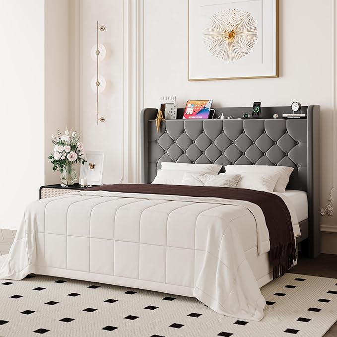 Allewie Full Size Bed Frame, Storage Headboard with Charging Station, Wingback Velvet Upholstered, Diamond Stitched Button Tufted, Sturdy Wooden Slats, No Box Spring Needed, Easy Assembly, Grey