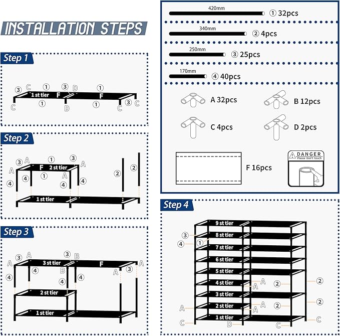 TY ARTS & CULTURE 9-Tier Metal Shoes Rack, Black, 34.6"L x 10.2"W x 56.3"H