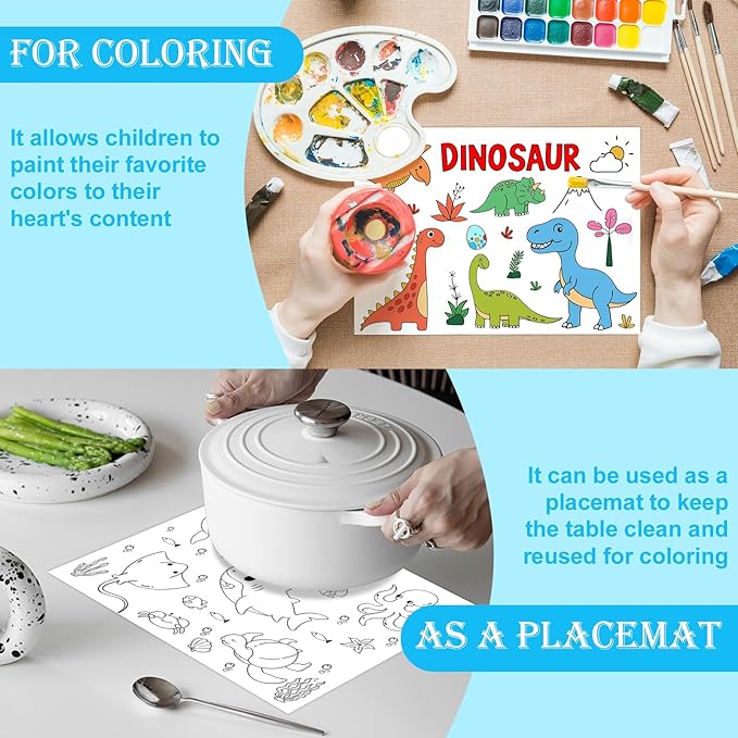 150 Pieces Disposable Paper Placemats Coloring Activity Sheets Paper Place Mats Bulk Dining Table Placemats Set 14.5*10 Sublimation Place Mat for Restaurant Christmas Party (Dinosaur Animal Dessert)