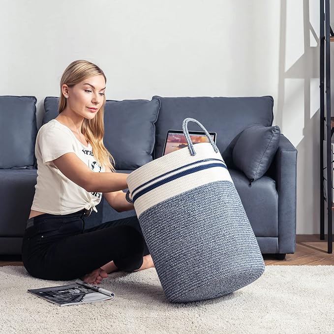 Woven Rope Laundry Hamper Basket, 72L Tall Laundry Basket, Baby Nursery Hamper for Blanket Storage in Bedroom-Large-Blue