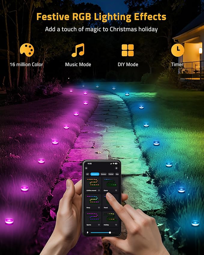 Christmas Pathway Lights, 50FT with 15 RGBIC LED Light with App Control, Waterproof Outdoor Ground Lights for Outside Roofline Decor, Pathway Decor, Walkway,Party, Holiday Xmas Decoration