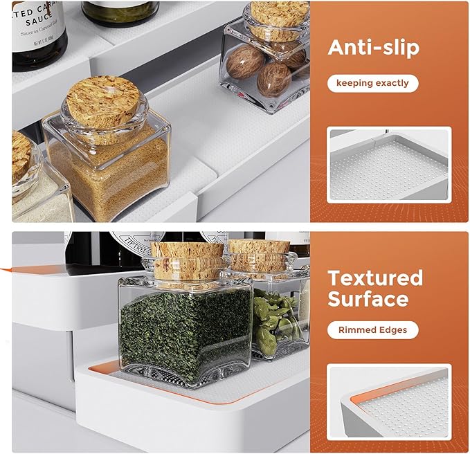 2 Pack Expandable Spice Rack Organizer for Cabinet - 3 Tier Adjustable Cabinet Spice Organizer Easy Visibility - Spice Organizer for Cabinet Countertop Cupboard Pantry Organization (White)