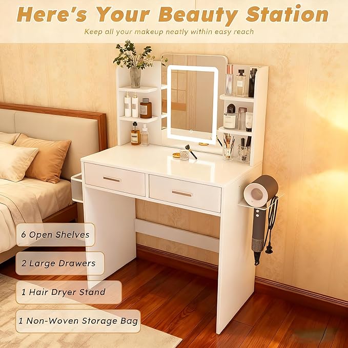 Casaphoria White Vanity Desk with 3-Color LED Mirror, 27.5" Makeup Table with Storage Drawers for Bedroom, Vanity Table with Hair Dryer Stand & Non-Woven Storage Bag for Women and Girls
