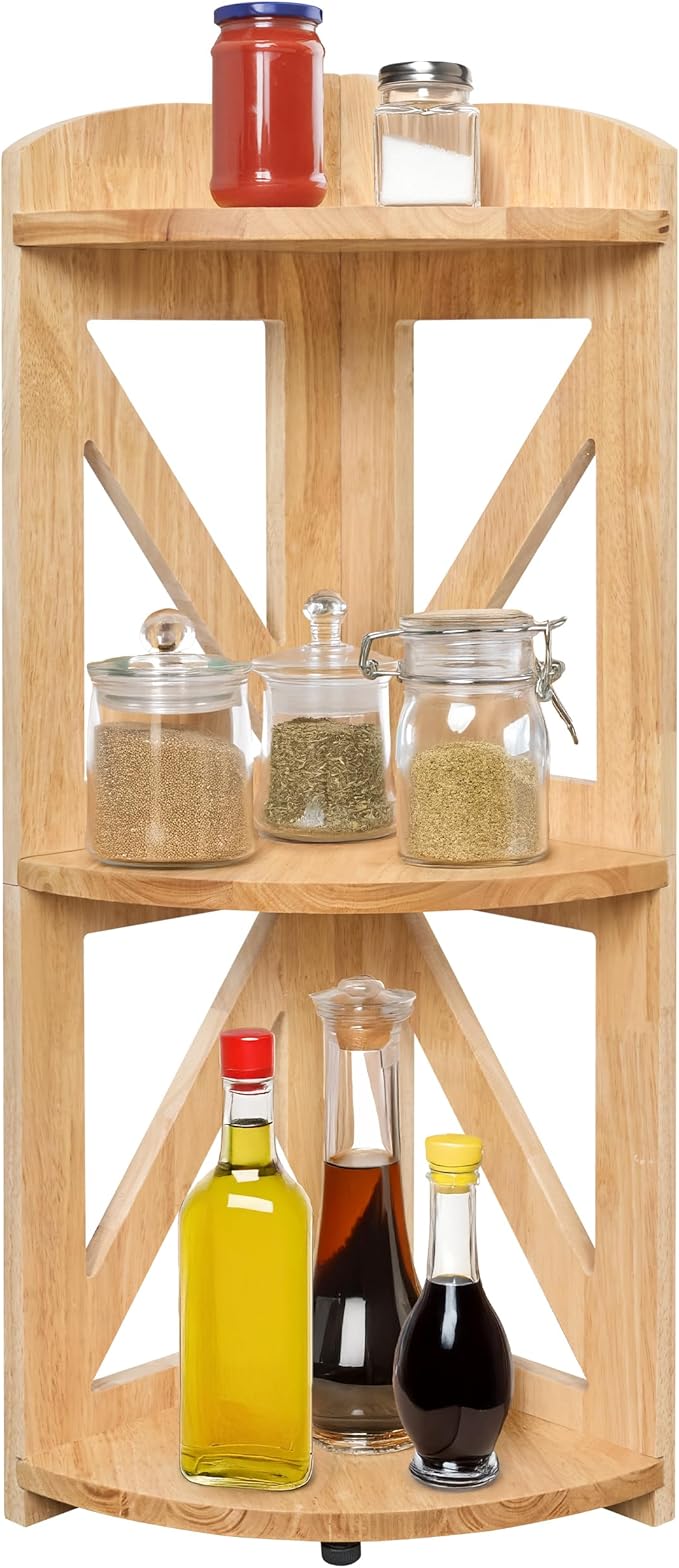 Corner Shelf Stand, Corner Bookshelf, Small Corner Shelves by Natural Wood, Plant Stand, Corner Bookcase for Living Room, Home Office, Bedroom, (Natural, 3 Tier)