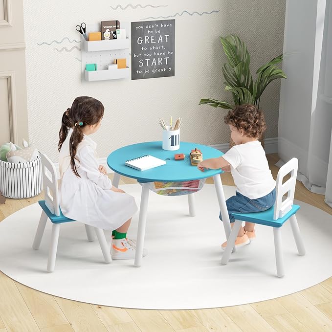 Costzon Kids Table and Chair Set, Wood Activity Table w/Center Mesh Storage, Children Furniture Gift for Boys & Girls, Ideal for Arts, Crafts, Snack Time, Homework, Toddler Table and Chair Set, Blue