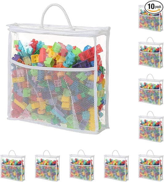 10 PCS Clear Zippered Toy Storage Bags with handle, Kids Toy Storage Organizer with Mesh Pocket for Instructions, Playroom Organizer Plastic Bags for Blocks Set Puzzles-White