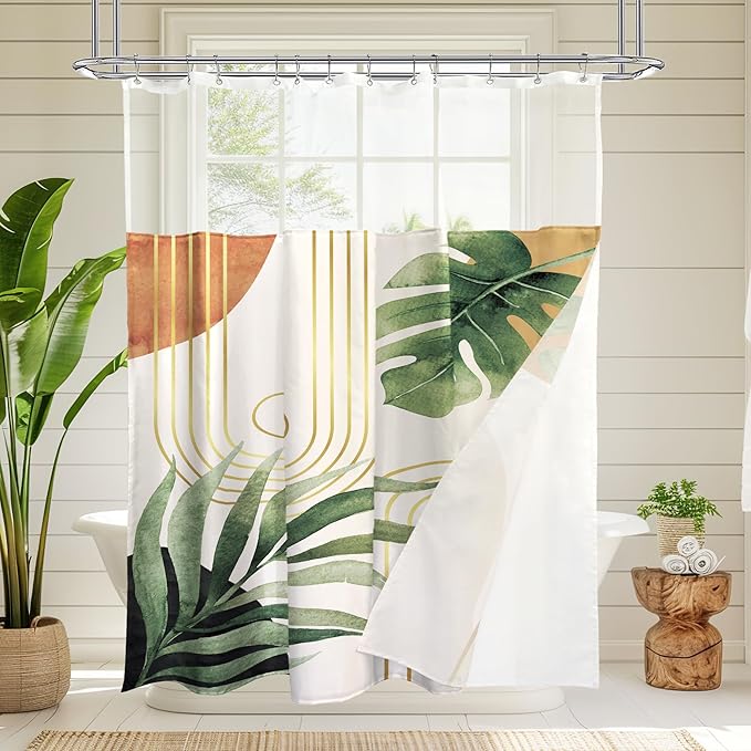 Glawry Boho Shower Curtain with Snap in Liner Modern Mid Century Tropical Palm Leaves Abstract Geometric Modern Arch See Through Mesh Top Window 72Wx72L Inches Bathroom Art Home Decor 12 Pack Hooks