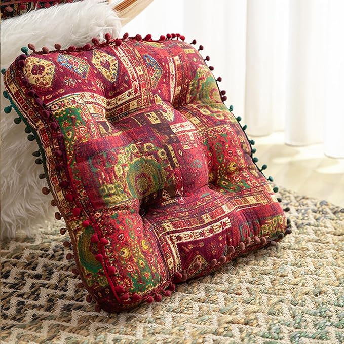 Red Bohemian Seat Cushion,Indoor Boho Chair Cushions for Dining Chairs，Square Chair Pad，Decorative Seat Cushions for Kitchen Chairs (Red Square 16X16)