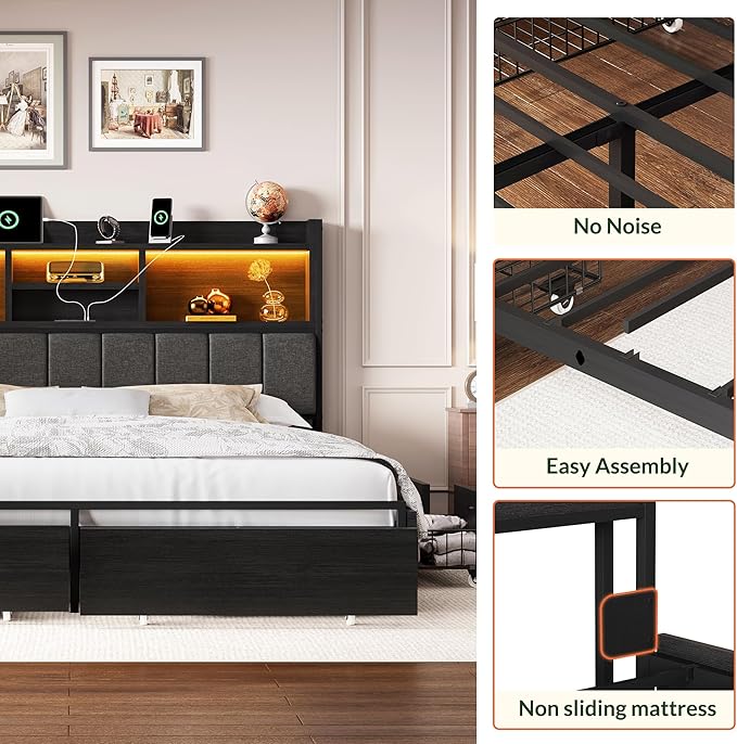LARMACE Queen Bed Frame with 6 Storage Drawers, Bed Frame Queen Size with Linen Upholstered Headboard, Built in Charging Station and LED, No Noise, Metal Support, No Box Spring Needed,Vintage Black