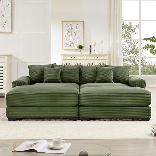 KEIKI 83" Oversized Corduroy Modular Sectional Loveseat Sofa with 2 Ottoman, High-Density Foam Cushion, Extra-Thick Armrest, Modern 2-Seater Fluffy Corner Couch with 6 Pillow, for Living Room, Green