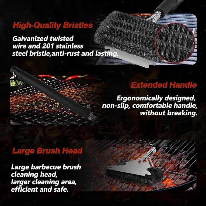 Professional Grill Brush and Scraper Kit - Heavy Duty BBQ Grill Cleaner Brush with Stainless Steel Scrubber, Outdoor Grill Cleaning Tools for Home, Restaurant & Commercial Use