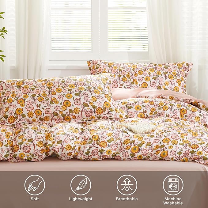 SAPHREAS Yellow Sunflower Floral Duvet Cover Set Full Size 3pcs Garden Style Bedding Comforter Cover Set 100% Cotton 1 Duvet Cover 90"x80" 2 Pillow Shams, Comforter Not Included