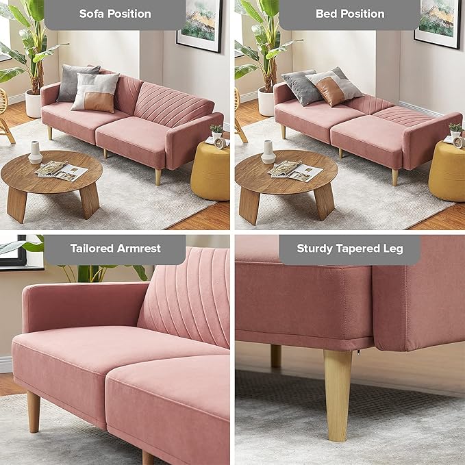 mopio 76.8" Futon Sofa Bed, Small Couch, Sleeper, Loveseat, Mid Century Modern Futon Couch, Sofa Cama, Couches for Living Room (Old Rosa Velvet)