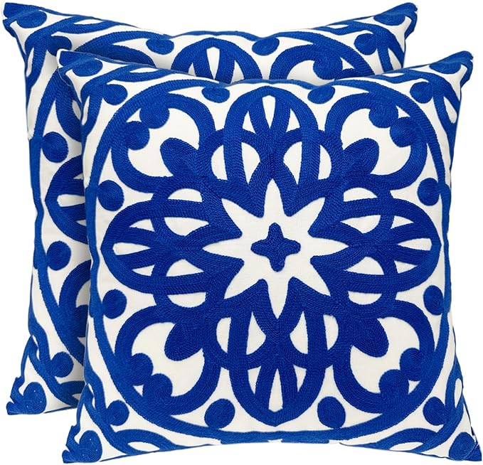 Alysheer Floral Embroidered Fall Decorative Throw Pillow Cover 18"x 18" Set of 2, Boho Mandala Embroidery Royal Blue Patterned Cushion Case for Sofa Couch Living Room Bedroom Outdoor