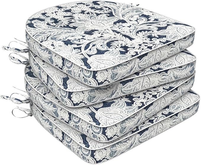 Set of 4 Outdoor Chair Cushions 19"x19"x2",Water Repellent Dining Seat Cushion with Ties and Removable Covers, Chair Cushions for Indoor and Patio Furniture, Damask Lapis