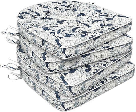 Set of 4 Outdoor Chair Cushions 19"x19"x2",Water Repellent Dining Seat Cushion with Ties and Removable Covers, Chair Cushions for Indoor and Patio Furniture, Damask Lapis