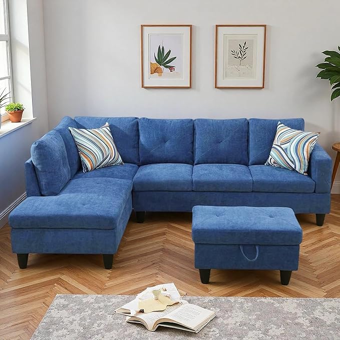 L-Shaped Sectional Sofa with Movable Chaise & Storage Ottoman, Lounge 3-Piece Modular Convertible Couches for Living Room, Apartment & Office, Blue