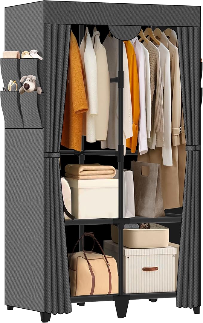 Wardrobe Closet, Quick and Easy Assembly, Gray Portable Closet with 2 Hanging Rods 4 Storage Shelves and Side 8 Pockets, Sturdy and Stable Clothes Rack with Cover, for Bedroom and Dormitory